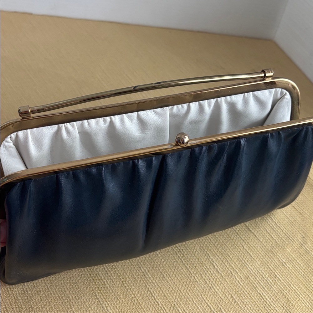 Vintage Reversible Navy Blue & White Leather Clutch Bag Gold Tone Closure - Picture 9 of 9